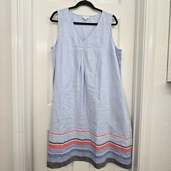 J. Jill Love Linen A-Line Dress Size L Powder Blue Coastal V-Neck Striped Hem - Picture 7 of 10
